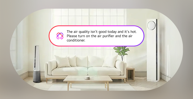 A living room scene with a sofa and table, an air purifier and an air conditioner placed in the room, and a speech bubble displaying the text "The air quality isn't good today and it's hot. Please turn on the air purifier and the air conditioner."