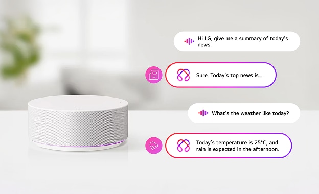 A scene showing a smart speaker and chat bubbles on the screen, with the texts “Hi LG, give me a summary of today’s news.”, “Sure. Today’s top news is…”, “What’s the weather like today?”, and “Today’s temperature is 25°C, and rain is expected in the afternoon.” displayed