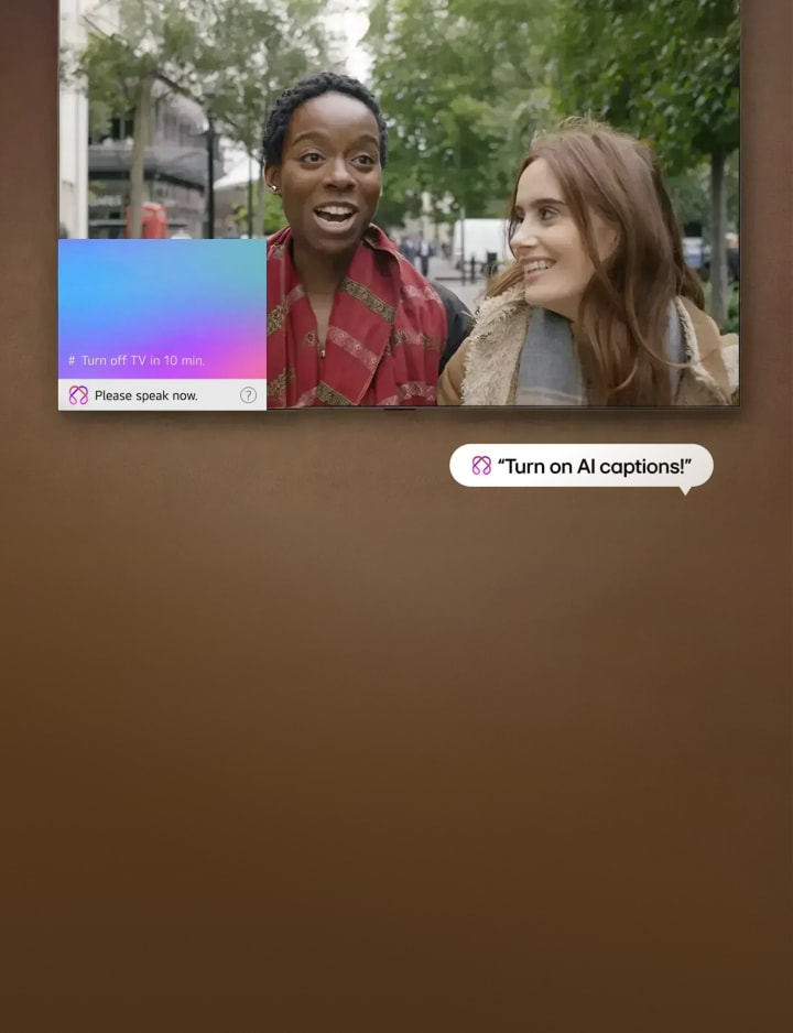A video scene of two people talking on a street, with an on-screen card displaying the texts "# Turn off TV in 10 min." and "Please speak now.", and a speech bubble at the bottom right showing the text "Turn on AI captions!"