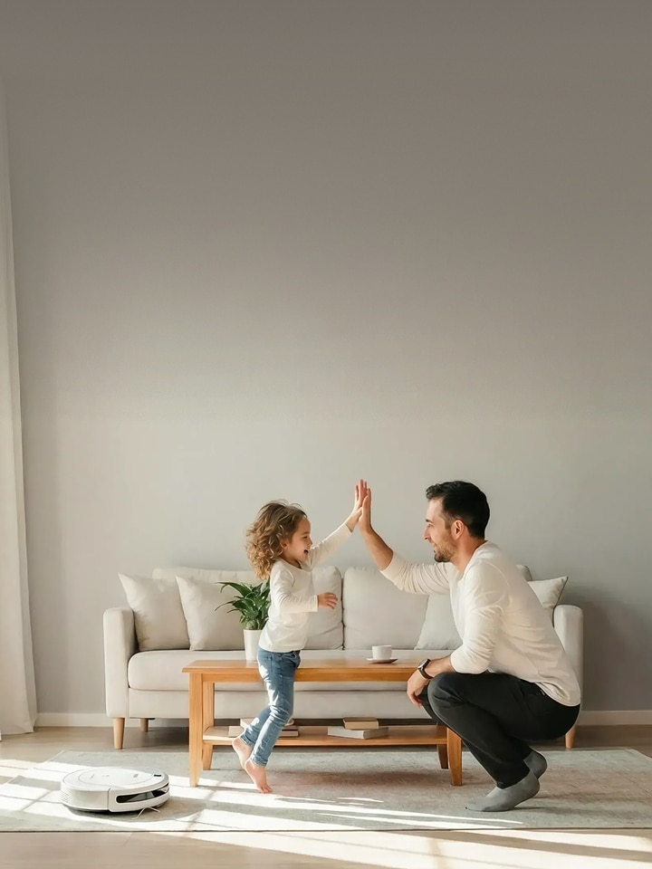 A smiling man and a child standing on a coffee table high-fiving in a bright living room, with a robot vacuum on the floor