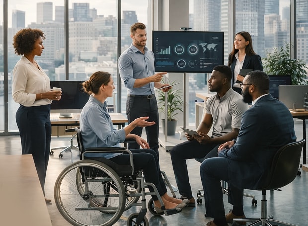 An office interior with large glass windows overlooking a city skyline. A diverse group of people, including a person using a wheelchair, are gathered in front of a monitor displaying data charts, engaging in a discussion.