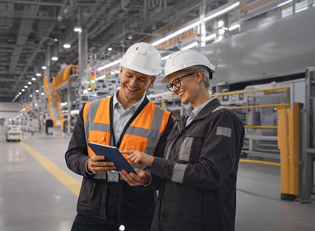 A spacious, brightly lit manufacturing plant interior equipped with industrial machinery. On the right, two workers wearing white hard hats, safety glasses, and high-visibility workwear are looking together at a tablet device.