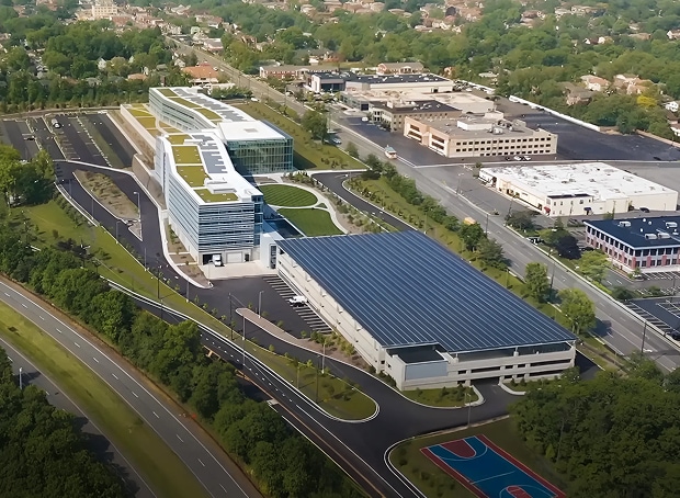 An aerial view of LG Electronics’ eco-conscious headquarters in the United States, showing multiple buildings with rooftop solar panels surrounded by greenery and roads, representing carbon neutrality and the transition to renewable energy