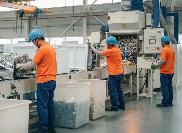 Workers wearing orange t-shirts and blue safety helmets standing at a conveyor belt line in a factory, sorting electronic waste parts and carrying out the recycling process.