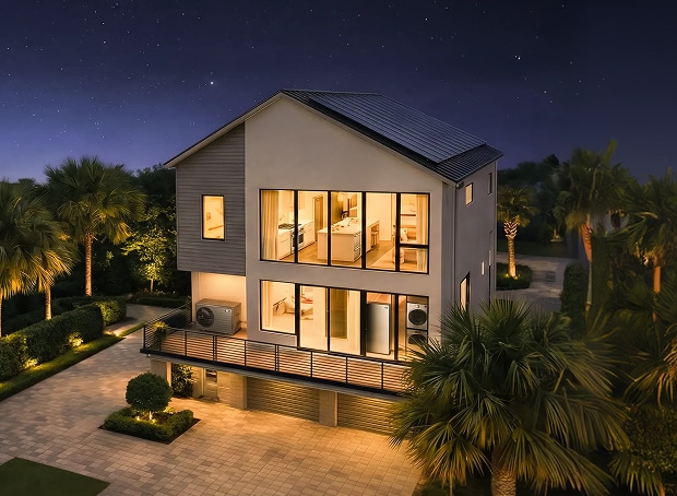 A panoramic view of a two-story house illuminated under the night sky. An outdoor air conditioning unit is installed on the terrace, and various home appliances such as a refrigerator, washing machine, and dryer are visible inside the house through large glass windows.