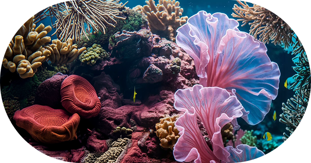 Colorful seaweed and coral growing underwater