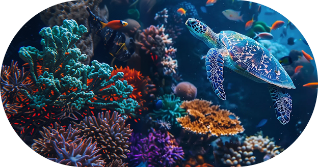 A sea turtle swimming over a healthy coral reef