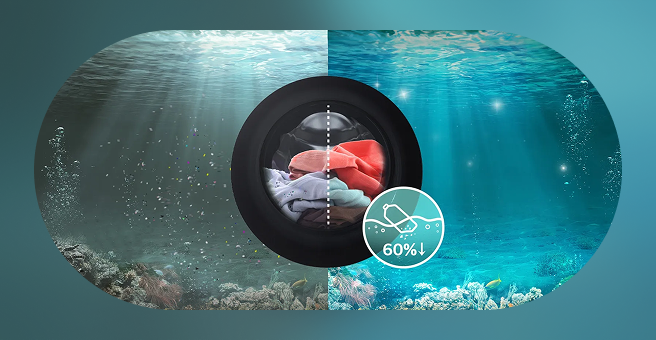 An image of a washing machine drum over an underwater scene with a '60% reduction' icon