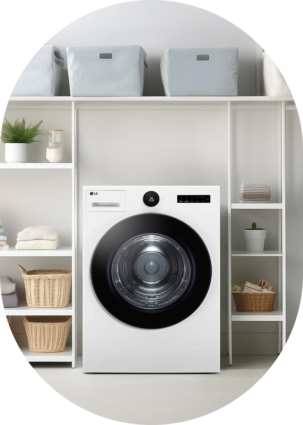 An LG TROMM Objet Collection Dryer positioned neatly within a white laundry room shelving unit
