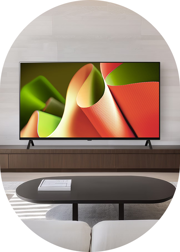 An image of an LG OLED TV on a media console