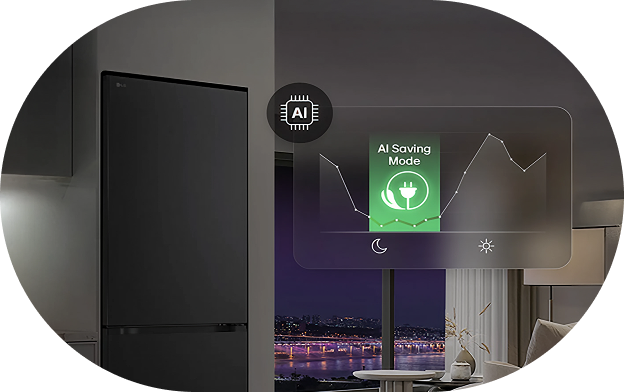 LG refrigerator in a modern night-time setting with a digital overlay of an AI chip icon and an "AI Saving Mode" graph showing energy usage trends.