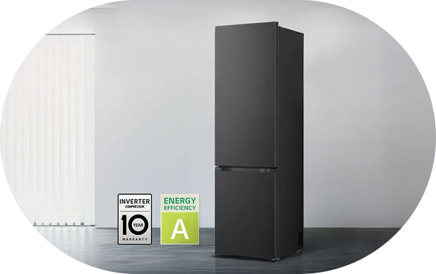 A black LG refrigerator placed in a minimalist interior, shown with an inverter 10-year warranty icon and an A-rated energy efficiency label.