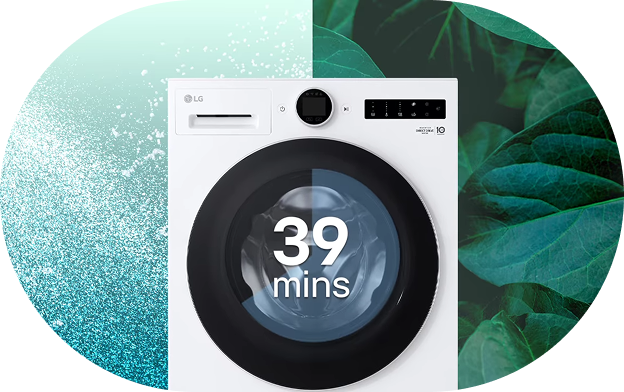 LG front-load washing machine featuring a 39-minute quick wash cycle with water droplets and green leaves in the background.