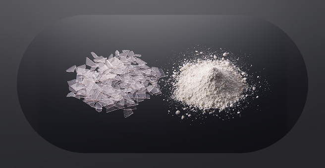 An image introducing LG's 'PuroTec™' technology, showing four samples of antimicrobial glass powder in white, brown, light blue, and dark blue