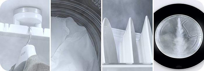 A four-panel image showing steam functions in appliances: a coat on a hanger, a dress shirt, dishes on a rack, and steam inside a washing machine drum.