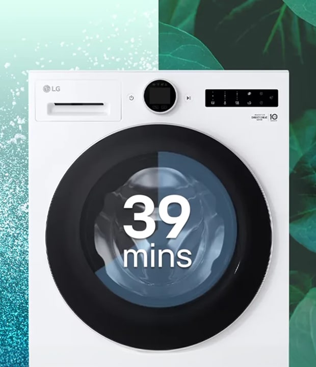 LG front-load washing machine featuring a 39-minute quick wash cycle with water droplets and green leaves in the background.