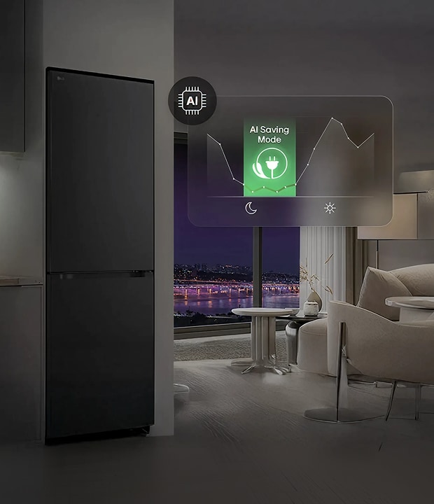 LG refrigerator in a modern night-time setting with a digital overlay of an AI chip icon and an 'AI Saving Mode' graph showing energy usage trends.