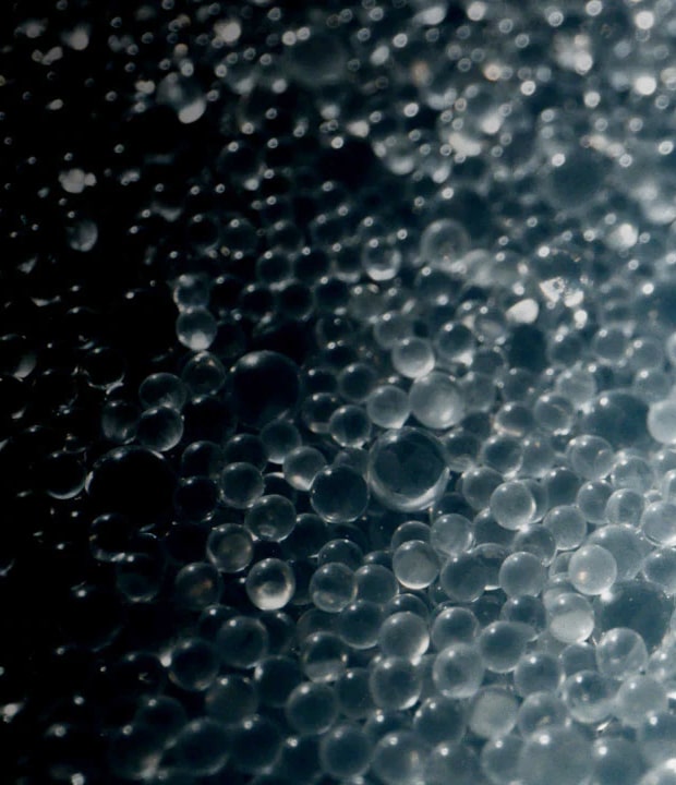 A close-up of Marine Restoration Material beads that release targeted mineral ions to support the growth of microalgae and seaweed, contributing to biodiversity.