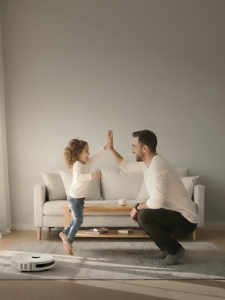 A smiling man and a child standing on a coffee table high-fiving in a bright living room, with a robot vacuum on the floor
