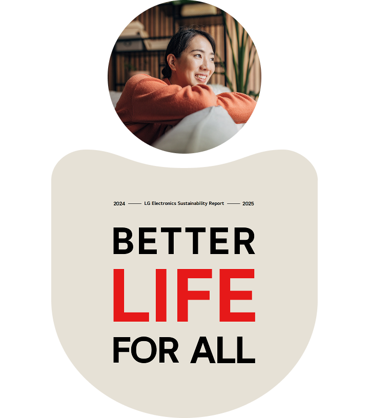 Main banner of LG Electronics' 2024-2025 Sustainability Report. The center features the text 'BETTER LIFE FOR ALL' in red and black on a beige shape. Surrounding it are circular images showing an eco-conscious building, a smiling woman, employees including a wheelchair user in a meeting, and a smart home exterior.