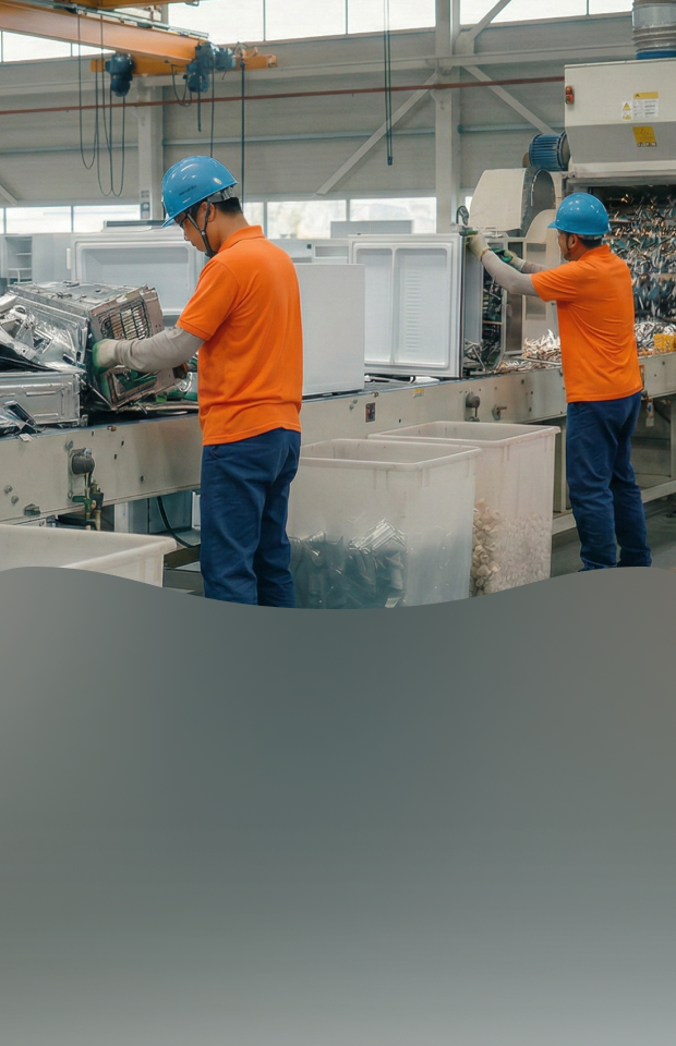Workers wearing orange t-shirts and blue safety helmets standing at a conveyor belt line in a factory, sorting electronic waste parts and carrying out the recycling process.