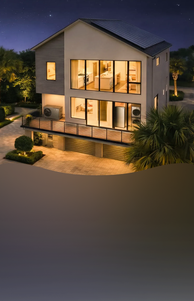 A panoramic view of a two-story house illuminated under the night sky. An outdoor air conditioning unit is installed on the terrace, and various home appliances such as a refrigerator, washing machine, and dryer are visible inside the house through large glass windows.