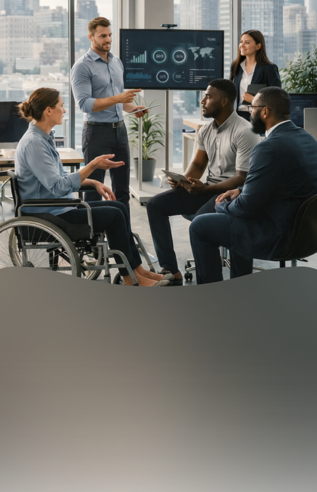 An office interior with large glass windows overlooking a city skyline. A diverse group of people, including a person using a wheelchair, are gathered in front of a monitor displaying data charts, engaging in a discussion.