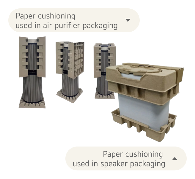 Paper cushioning materials used in air purifier and speaker packaging. Composed of three angle images of the paper cushioning material for the air purifier (top) and an image of the paper cushioning material for the speaker (bottom).