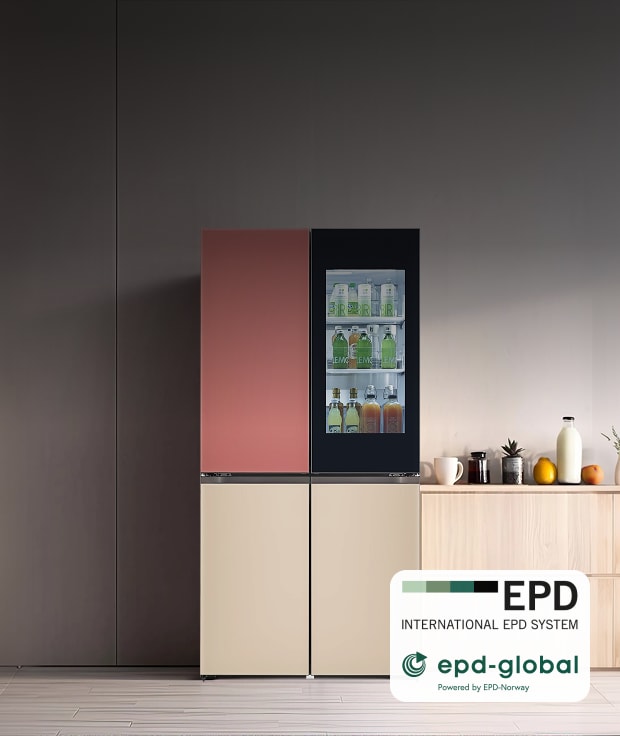 An image of an LG refrigerator product. A four-door refrigerator with a pink upper section and beige lower section is placed in an interior setting; part of the upper door is transparent, revealing beverages and food inside. In the lower right, the EPD INTERNATIONAL EPD SYSTEM and epd-global Powered by EPD-Norway certification marks are displayed.
