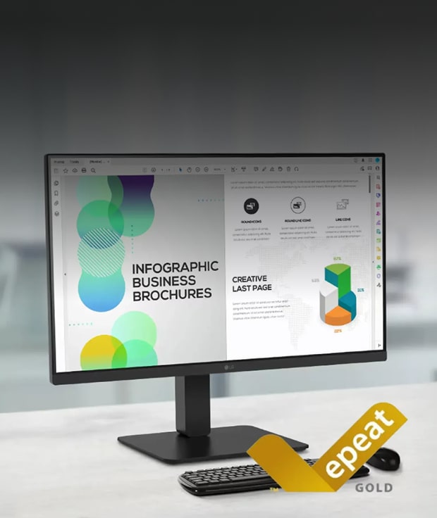 LG monitor on a desk with an EPEAT Gold certification logo in the bottom right corner.
