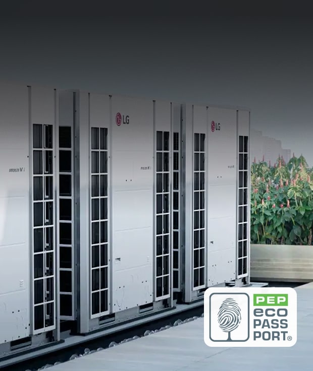 An image of LG outdoor units. Three large LG outdoor units are installed side by side on a rooftop. A PEP ecoPassport certification mark is displayed in the lower right.
