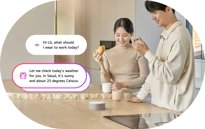 An image of the LG Smart Speaker AI voice command feature. A man and woman eat breakfast in the kitchen while voice commands and responses are shown in speech bubbles. Command: 'Hi LG, what should I wear to work today?' Response: 'Let me check today's weather. The weather in Seoul is clear with a temperature of about 25°C.'