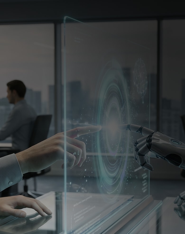 An image depicting employees and AI collaborating together using holographic interfaces in an office environment
