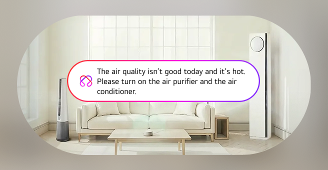 A living room scene with a sofa and table, an air purifier and an air conditioner placed in the room, and a speech bubble displaying the text "The air quality isn't good today and it's hot. Please turn on the air purifier and the air conditioner."