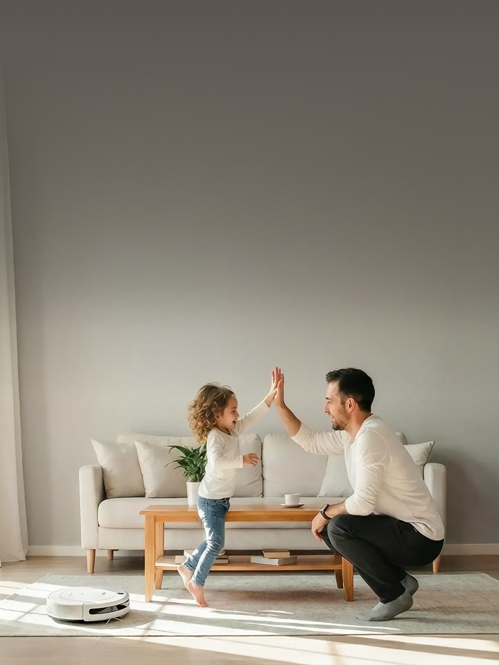 A smiling man and a child standing on a coffee table high-fiving in a bright living room, with a robot vacuum on the floor