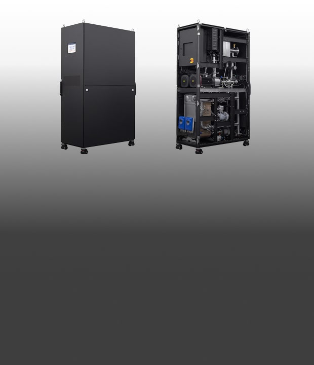 Exterior and interior views of a black LG Coolant Distribution Unit (CDU) are shown side by side against a white background, with the front panels of the unit on the right removed to reveal internal piping and key components.