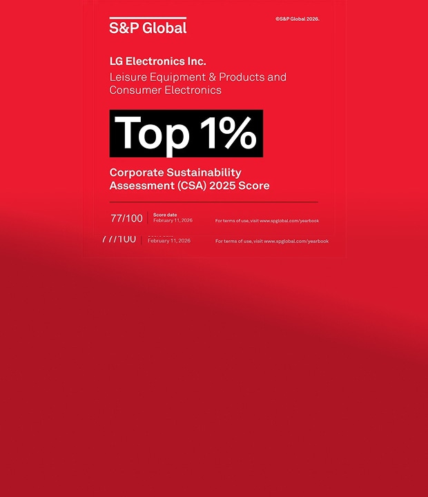 An infographic image from S&P Global with a solid bright red background and white text. In the top left corner, the S&P Global logo is displayed under a thin white horizontal line, and the copyright notice '©S&P Global 2026.' is written in the top right corner. The center of the image features the company name 'LG Electronics Inc.' in bold text, followed by the industry classification 'Leisure Equipment & Products and Consumer Electronics.' Below this, a large black horizontal rectangle prominently displays the text 'Top 1%' in bold white letters, highlighting the main achievement. Directly beneath the black rectangle, it reads 'Corporate Sustainability Assessment (CSA) 2025 Score.' A thin white horizontal line separates the main content from the bottom section. In the lower-left corner, the score '77/100' is shown next to a vertical divider line, followed by the text 'Score date February 11, 2026.' In the lower-right corner, a small footer note reads 'For terms of use, visit www.spglobal.com/yearbook.'