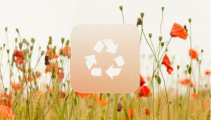 A recycling symbol icon centered against a backdrop of a field with red poppy flowers.