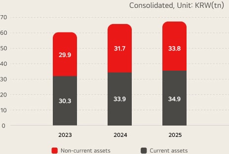 Current/non-current / consolidated, unit:KRW(tn)   2023 - Liquid Asset : 29.9 / Funds Tied Up : 30.3, 2024 - Liquid Asset : 31.7 / Funds Tied Up : 33.9,  2025 - Liquid Asset : 33.8 / Funds Tied Up : 34.9