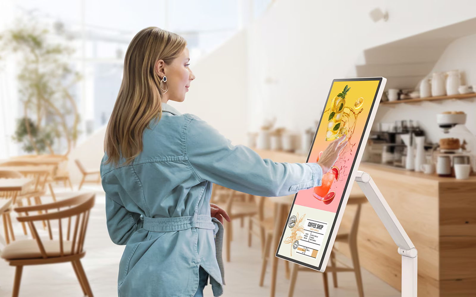 A woman touches an LG 360 monitor.