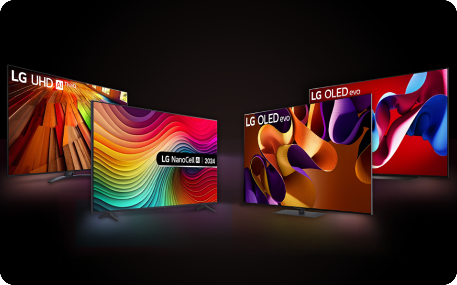 Vier LG smart TV's in verschillende kleuren: OLED evo TV, OLED TV, LG UHD AI en LG NANOCELL AI TV-modellen samen weergegeven.