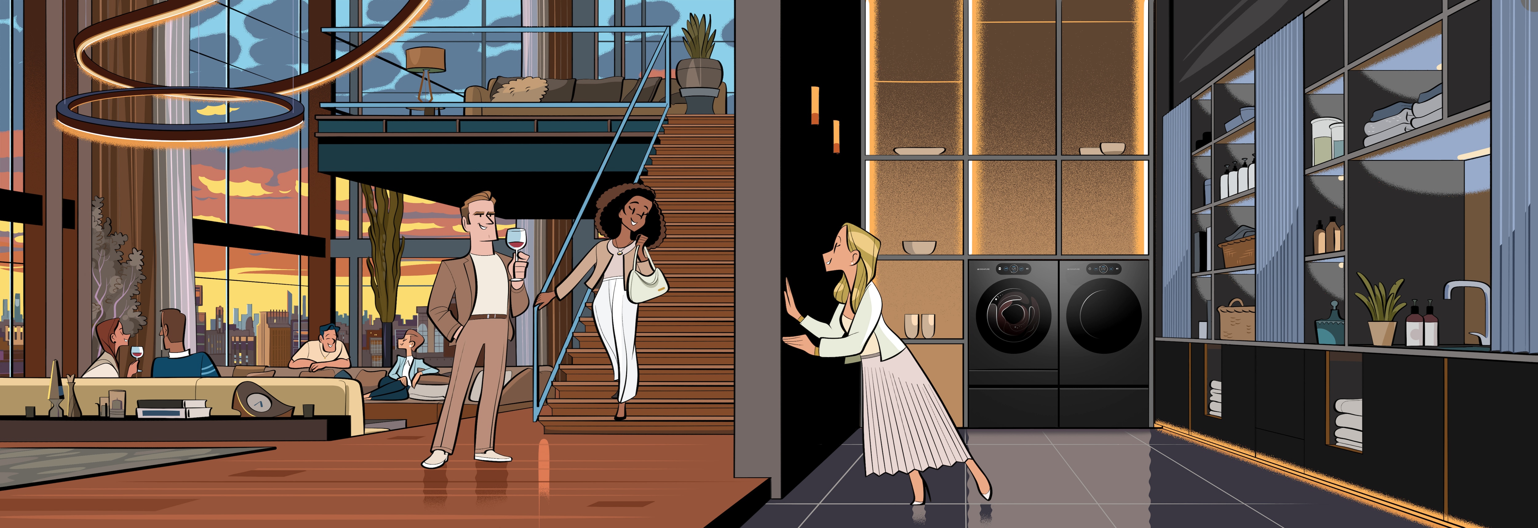 A painting of people gathered in the living room having a party.
