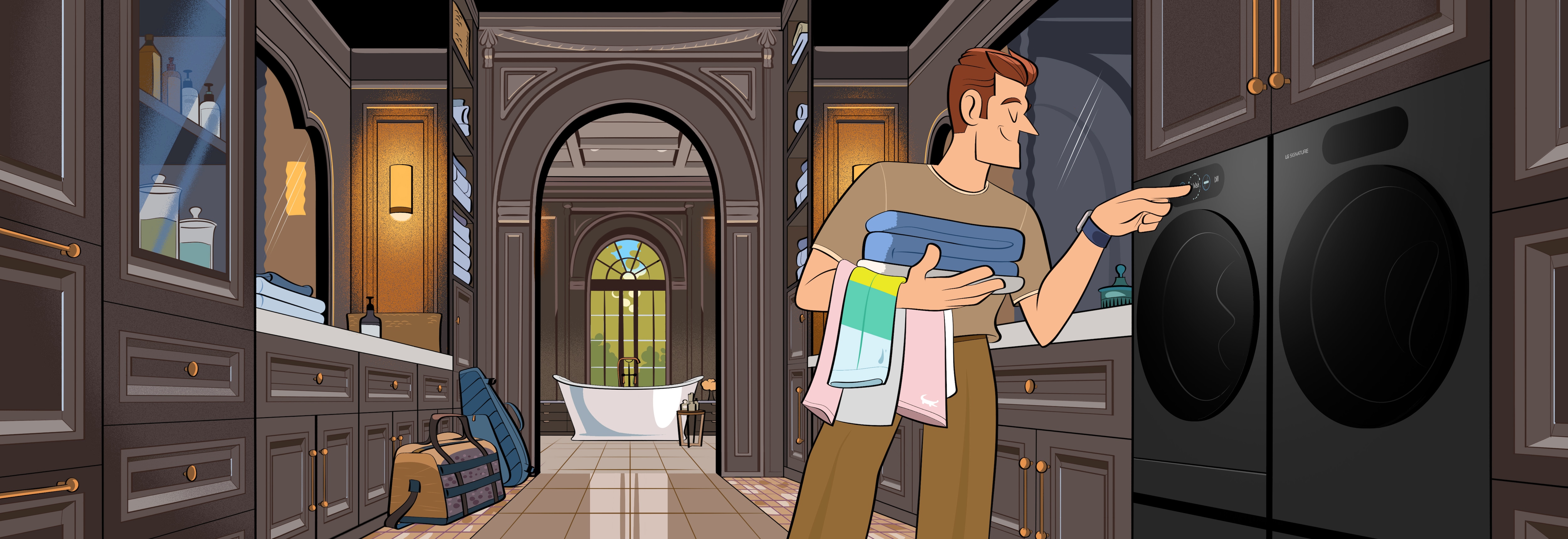A painting of a man operating a washing machine.