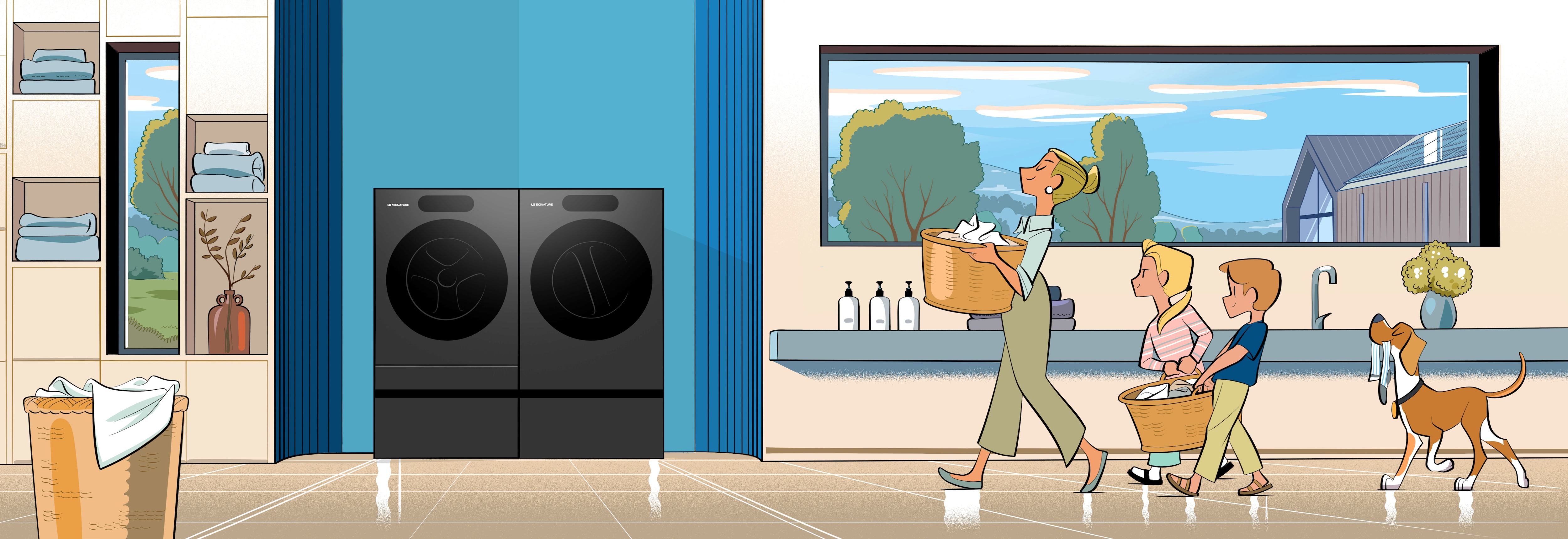 A painting of a family carrying a laundry basket to the washing machine.