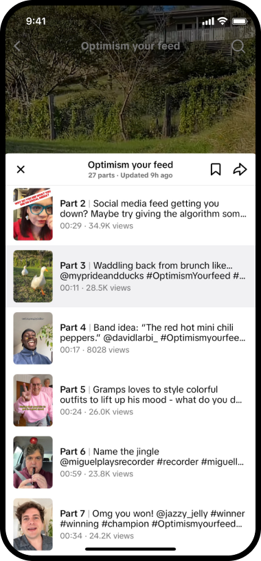 Image of the lge_lifesgood TikTok playlist screen, Optimism your feed.