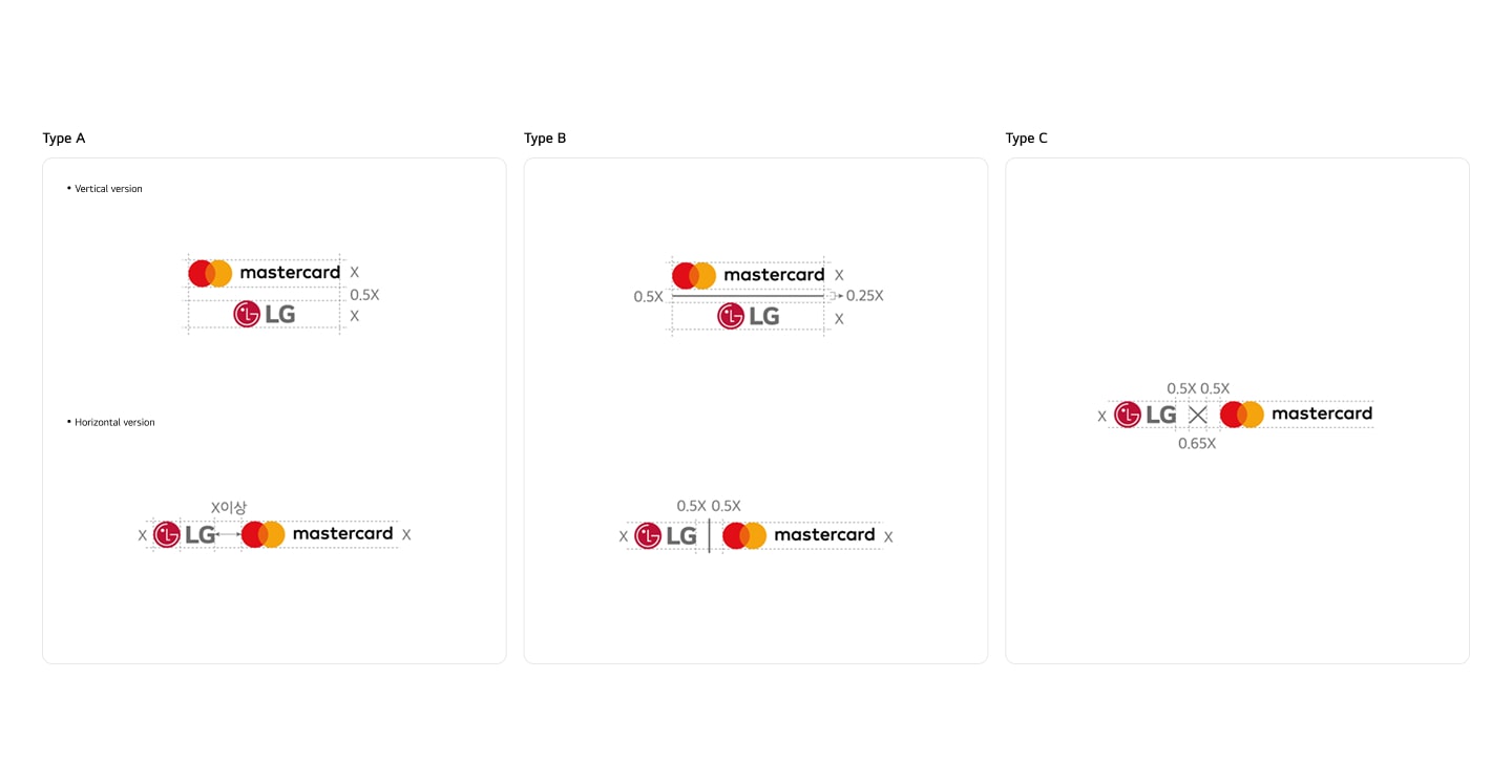 LG joint marketing lock-up with symbol-based partner brands — three approved variants: stacked/inline alignment, vertical bar divider, and cross-symbol configurations with 0.5X spacing ratio.