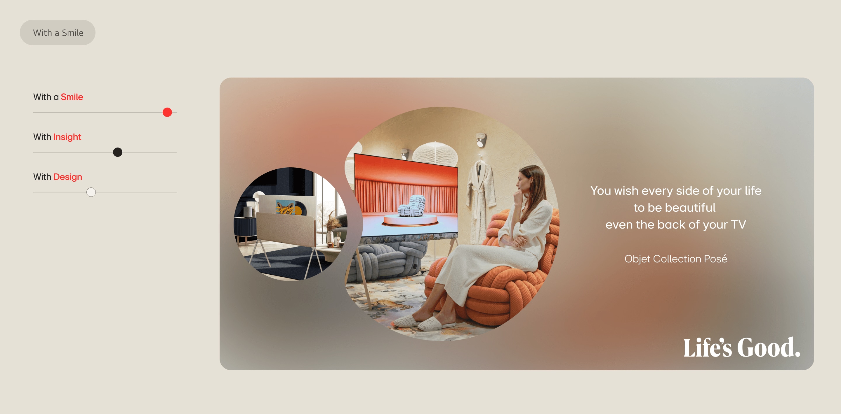 LG Objet Collection Posé brand campaign image: a woman in a white robe sits on an orange textured sofa looking at an LG OLED TV displaying a warm red scene, alongside a circular inset showing an LG home interior with audio and display products. "You wish every side of your life to be beautiful even the back of your TV — Objet Collection Posé — Life's Good."
