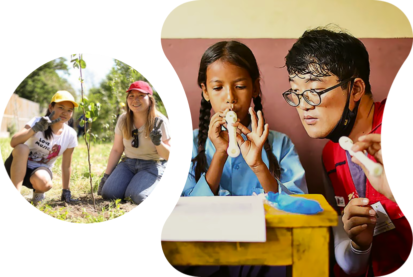 Two women are kneeling and planting trees while striking a pose. A LG volunteer wearing a red vest is teaching three children how to play the recorder.