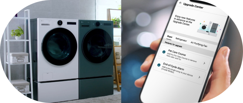 The two-divided image, the LG ThinQ app is open on the left side of the LG washing machine and on the right side of the smartphone.