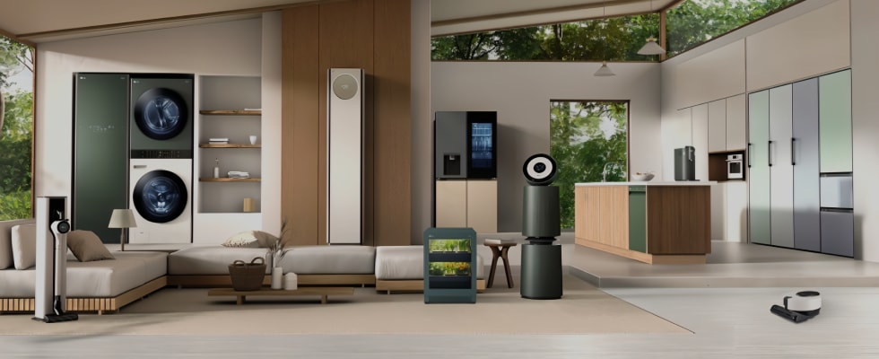 LG's home appliances are placed in a modern living room.